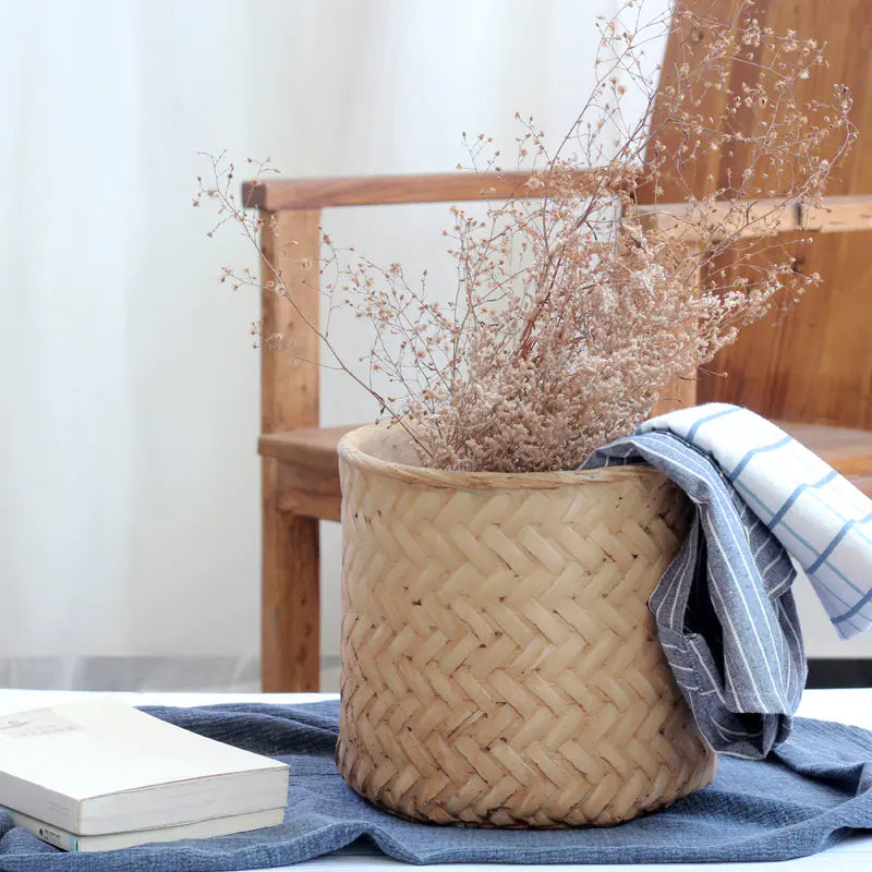 Retro Woven Bamboo-Style Cement Planter