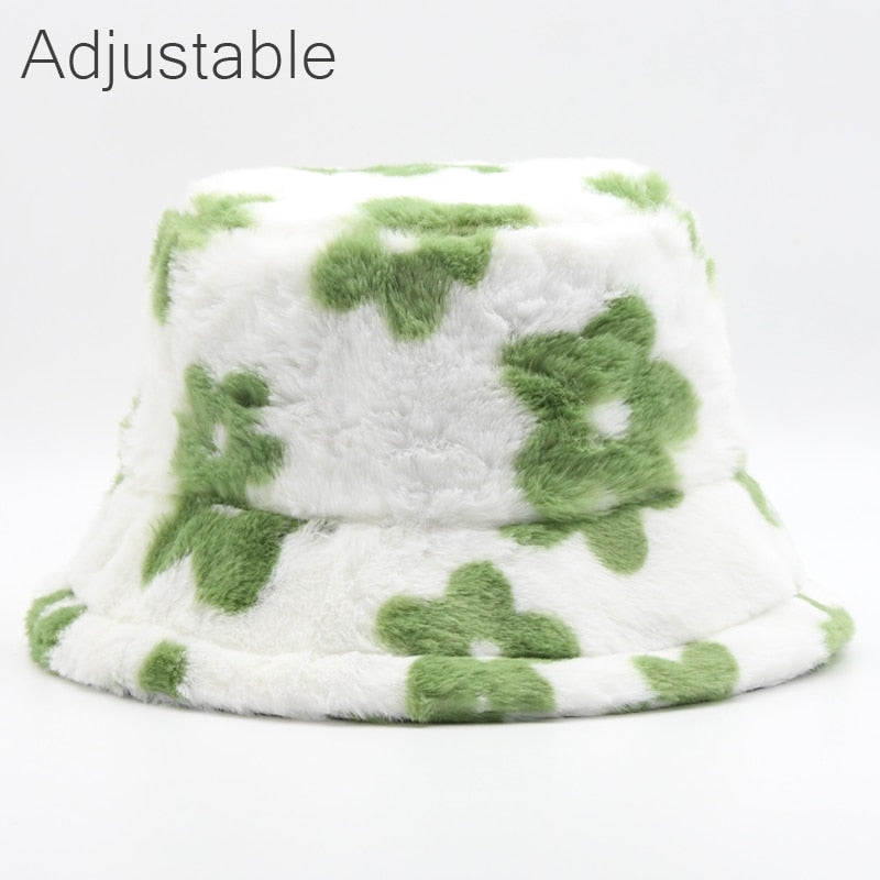 Faux Fur Fluffy Floral Pattern Bucket Hats