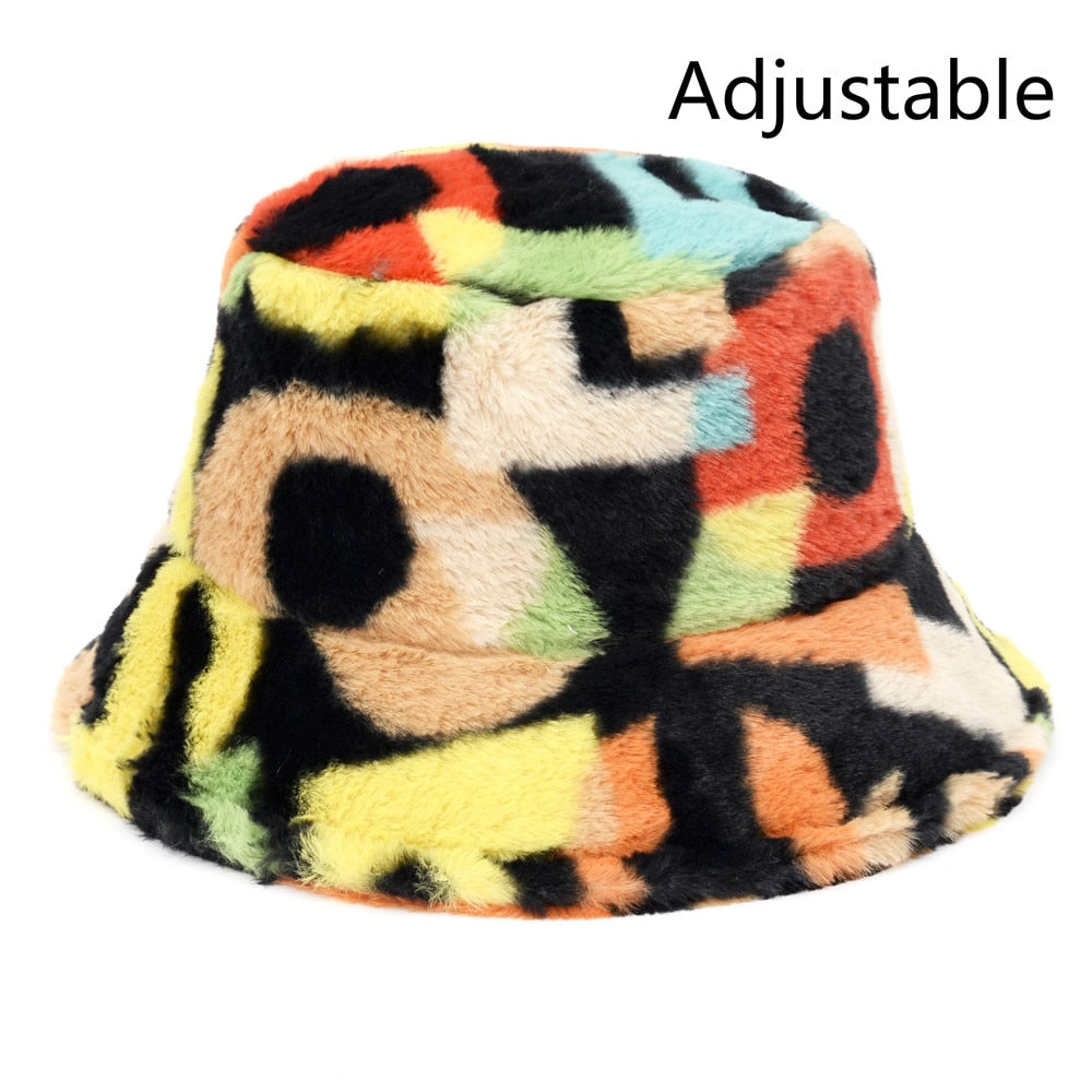 Faux Fur Fluffy Floral Pattern Bucket Hats