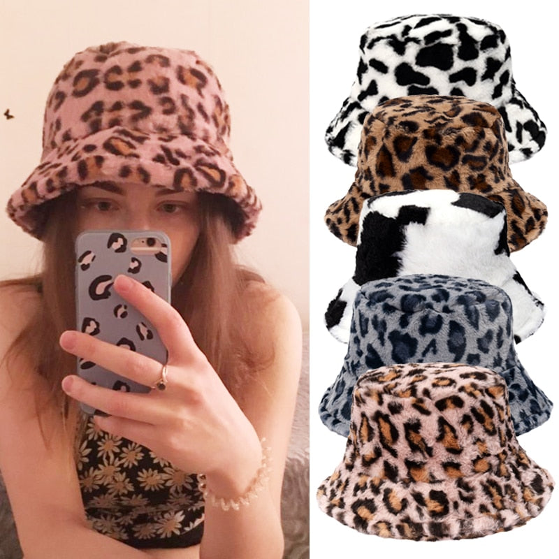 Faux Fur Fluffy Animal Pattern Bucket Hats