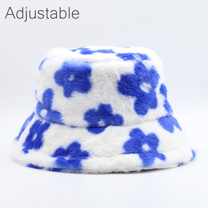 Faux Fur Fluffy Floral Pattern Bucket Hats