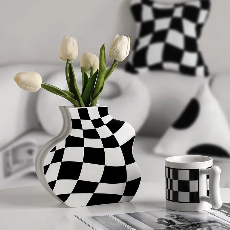 Checkerboard Grid Ceramic Vase