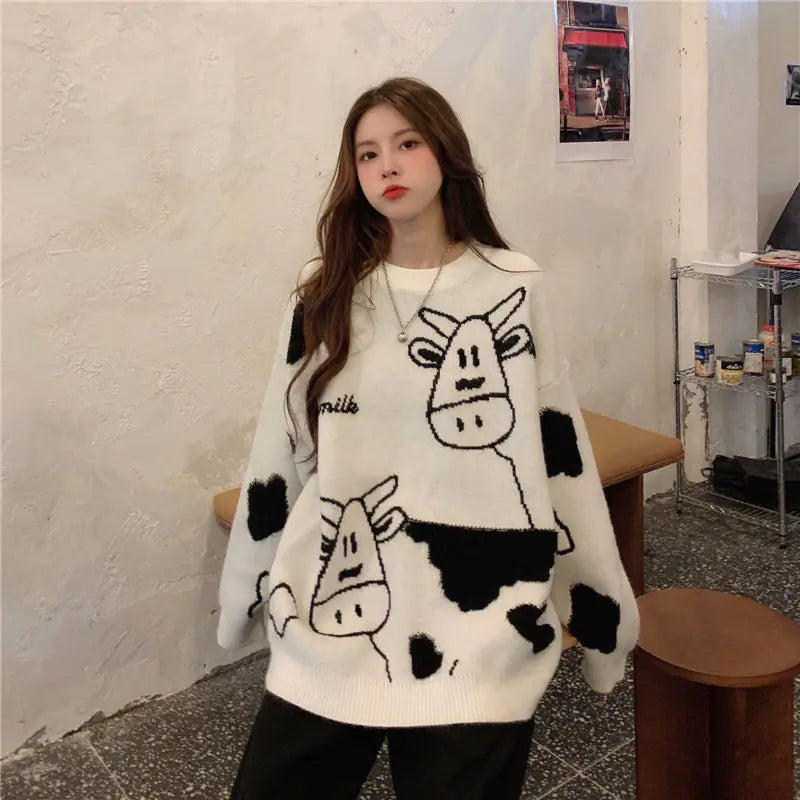 Cartoon Cow Loose Pullover Sweater