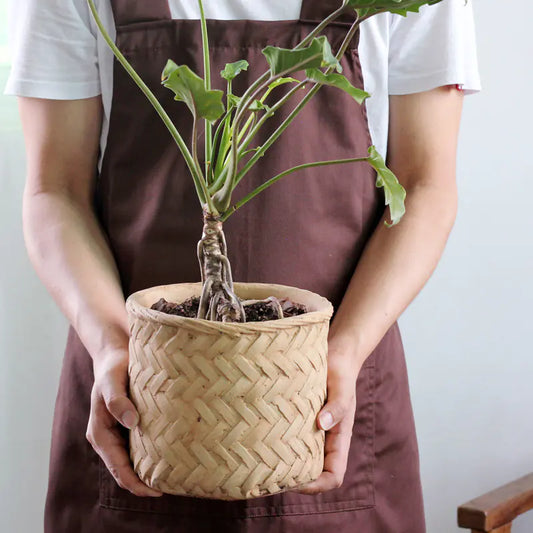 Retro Woven Bamboo-Style Cement Planter