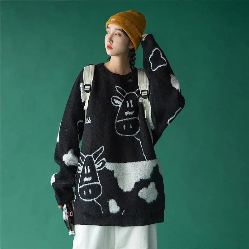 Cartoon Cow Loose Pullover Sweater