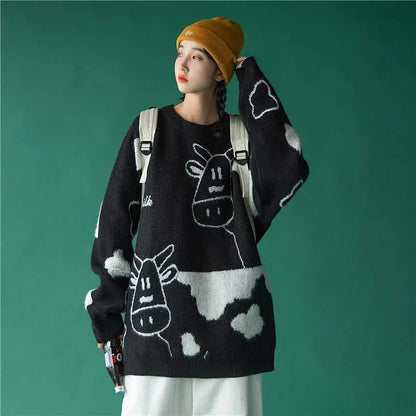 Cartoon Cow Loose Pullover Sweater
