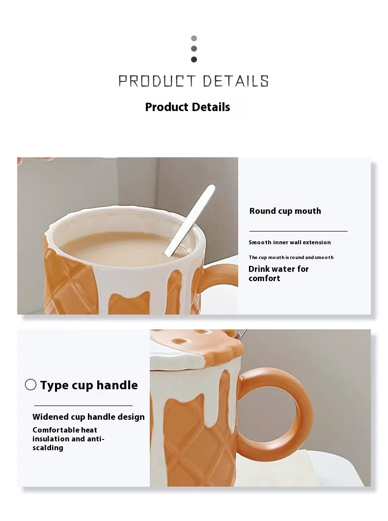 Ceramic Waffle Cone Mug With Lid & Spoon