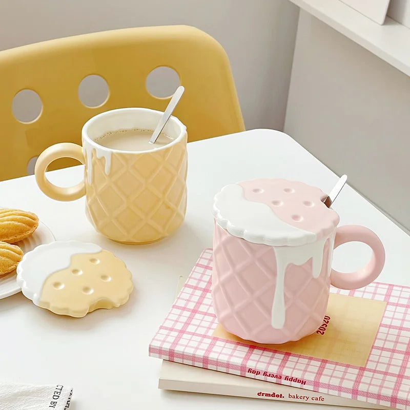 Ceramic Waffle Cone Mug With Lid & Spoon