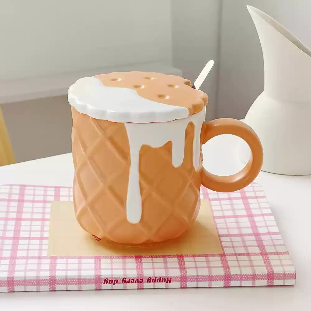Ceramic Waffle Cone Mug With Lid & Spoon