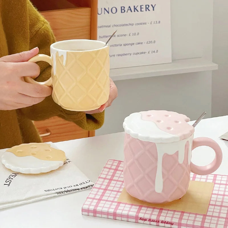 Ceramic Waffle Cone Mug With Lid & Spoon