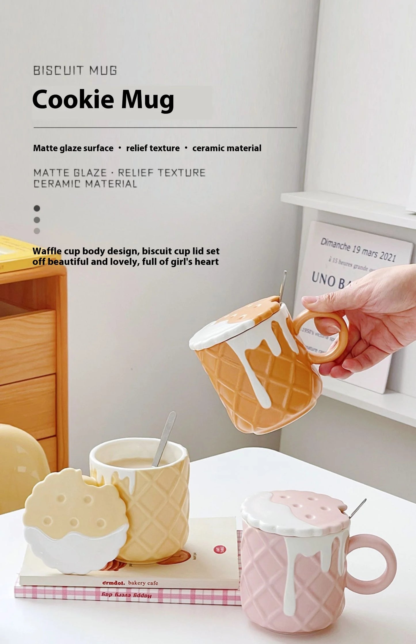 Ceramic Waffle Cone Mug With Lid & Spoon