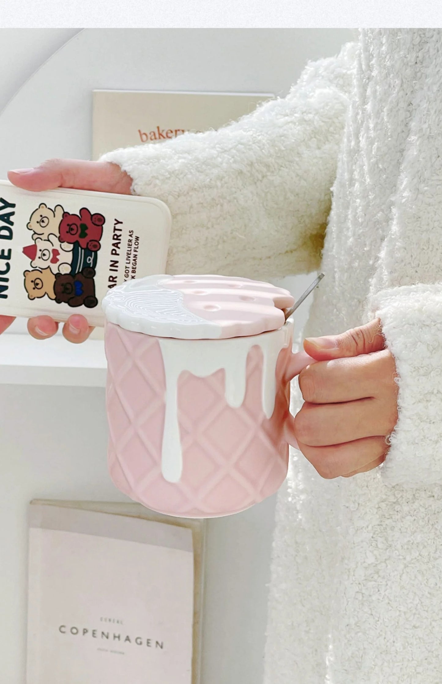 Ceramic Waffle Cone Mug With Lid & Spoon
