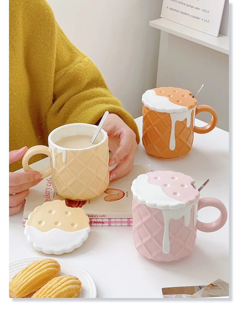 Ceramic Waffle Cone Mug With Lid & Spoon