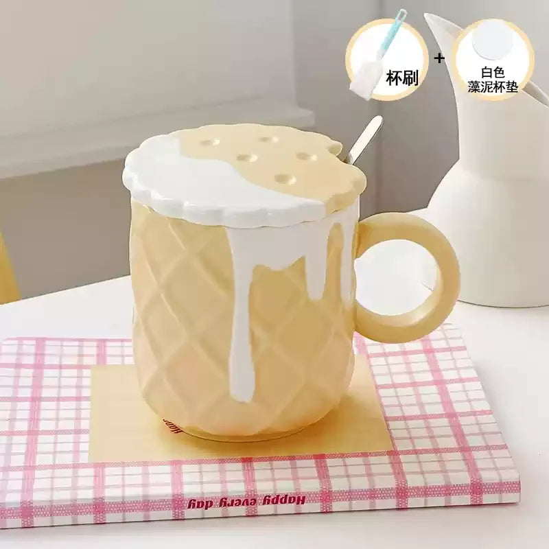 Ceramic Waffle Cone Mug With Lid & Spoon
