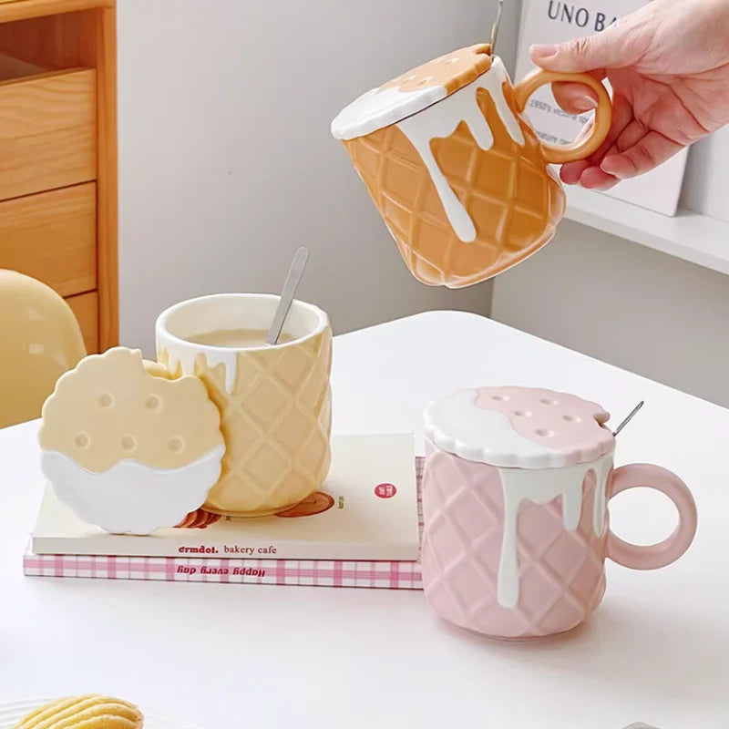Ceramic Waffle Cone Mug With Lid & Spoon