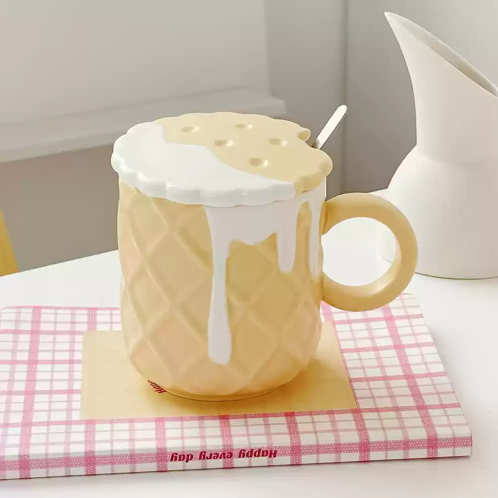 Ceramic Waffle Cone Mug With Lid & Spoon