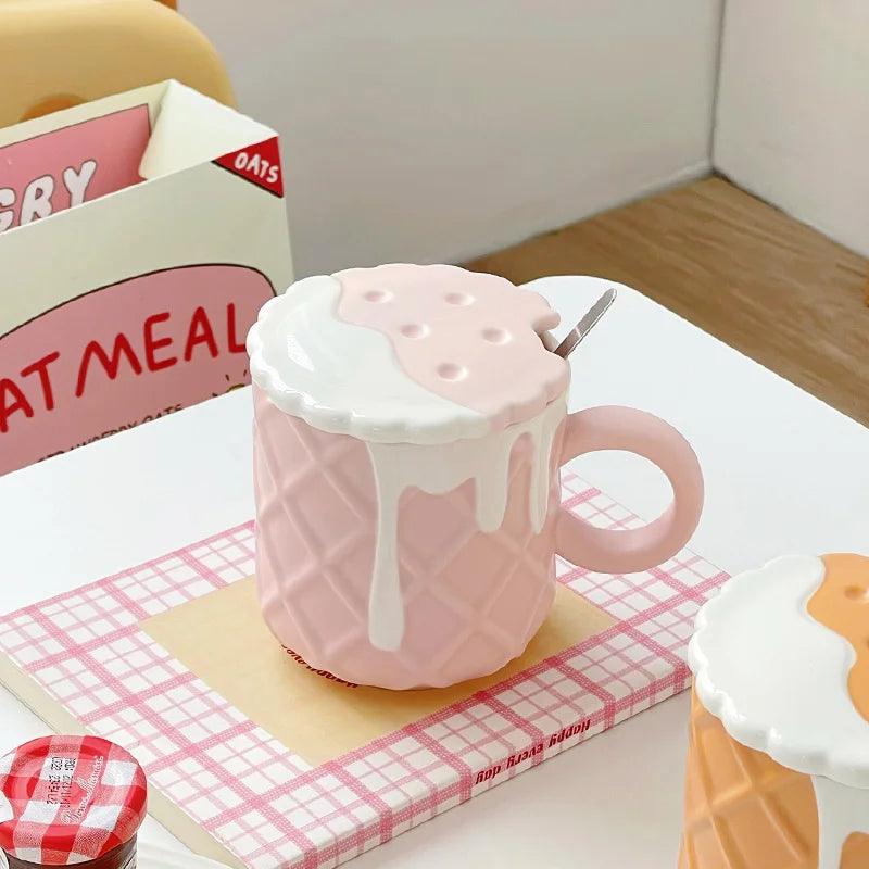 Ceramic Waffle Cone Mug With Lid & Spoon