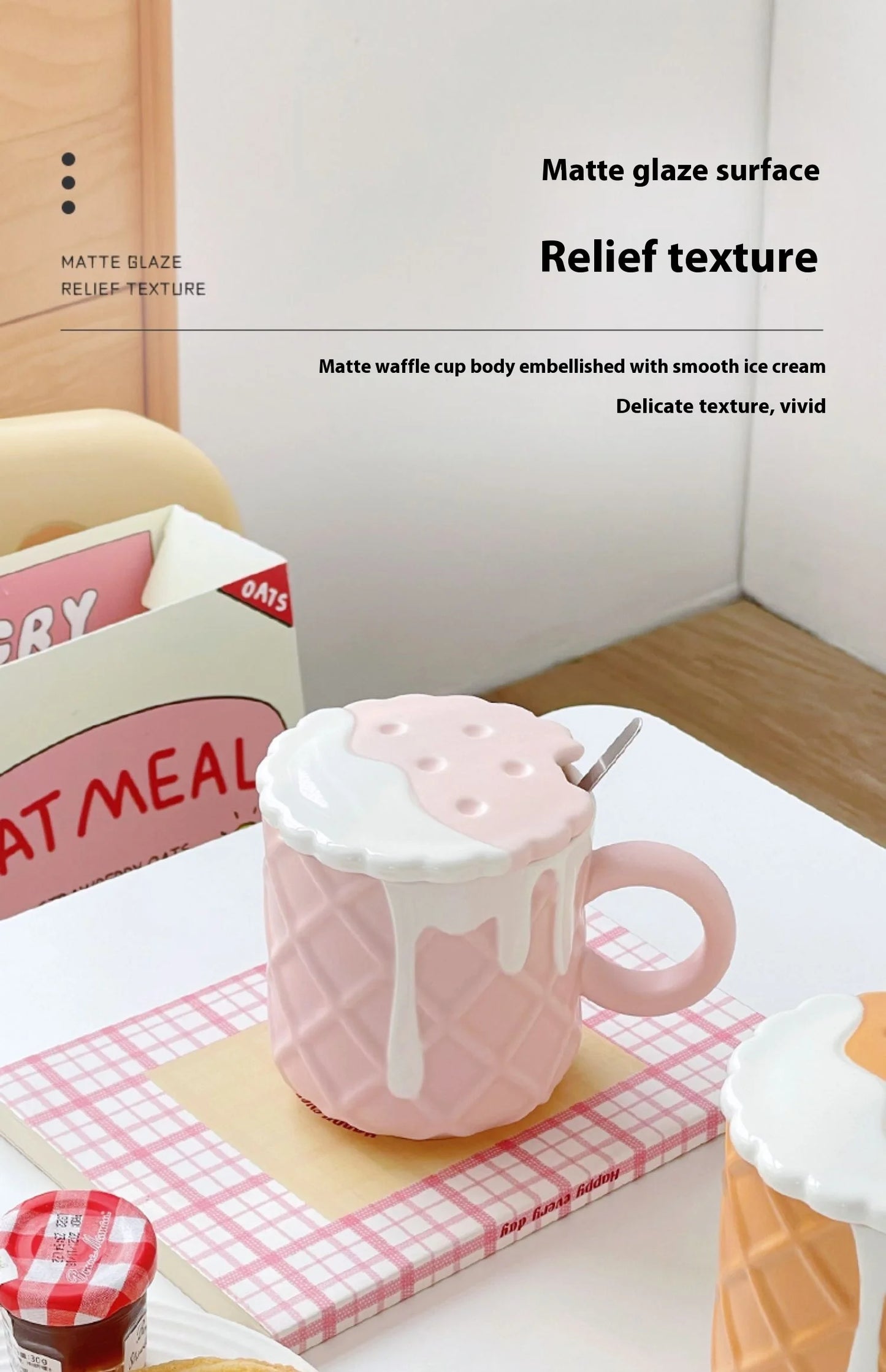 Ceramic Waffle Cone Mug With Lid & Spoon
