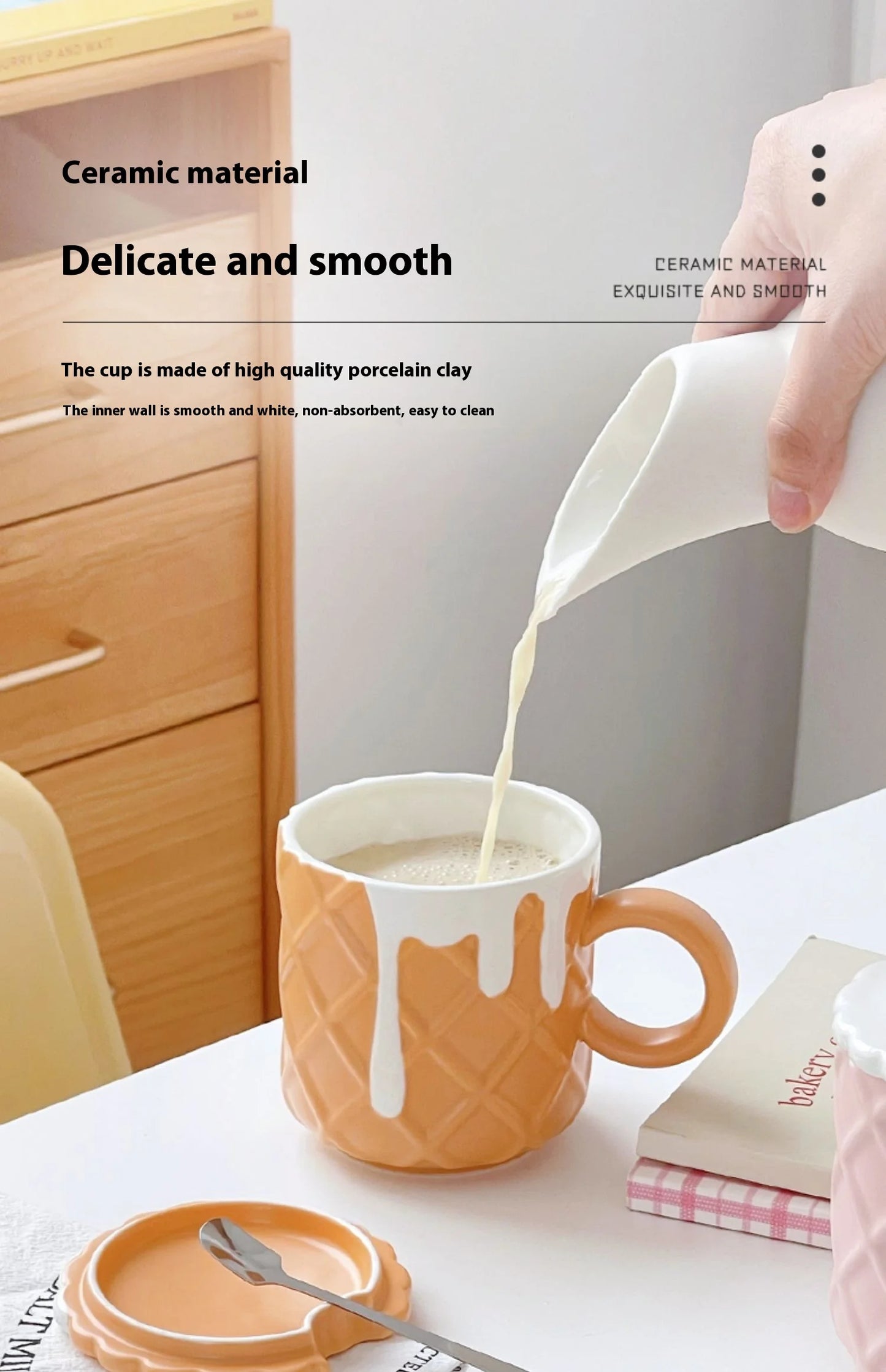 Ceramic Waffle Cone Mug With Lid & Spoon
