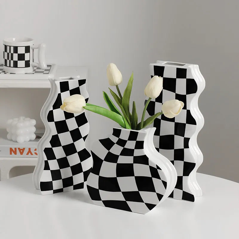 Checkerboard Grid Ceramic Vase