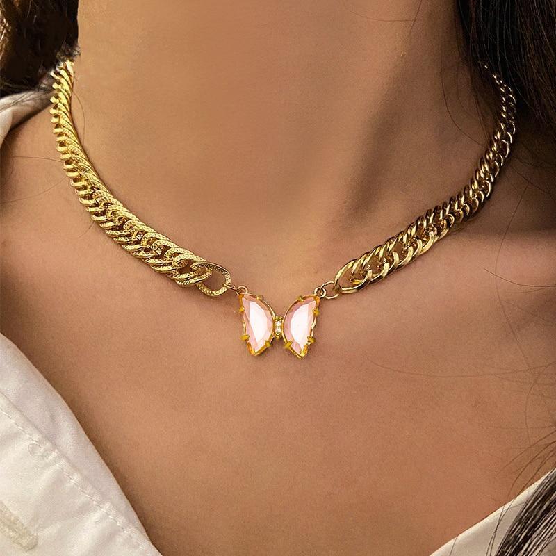Pink Acrylic Butterfly Chain Necklace