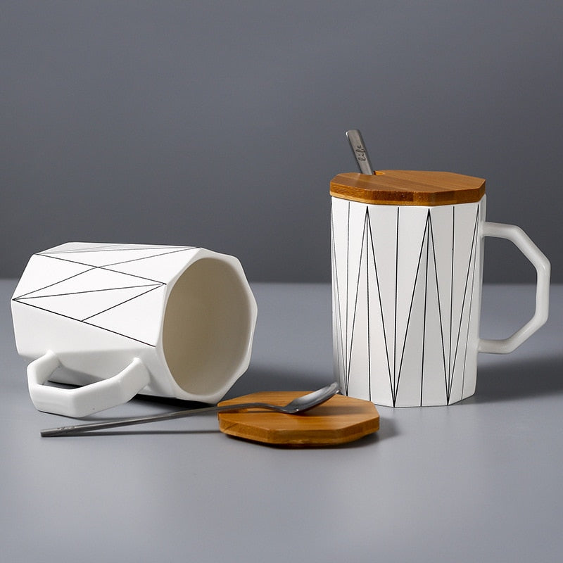 Matte Geometric Mugs With Bamboo Lid