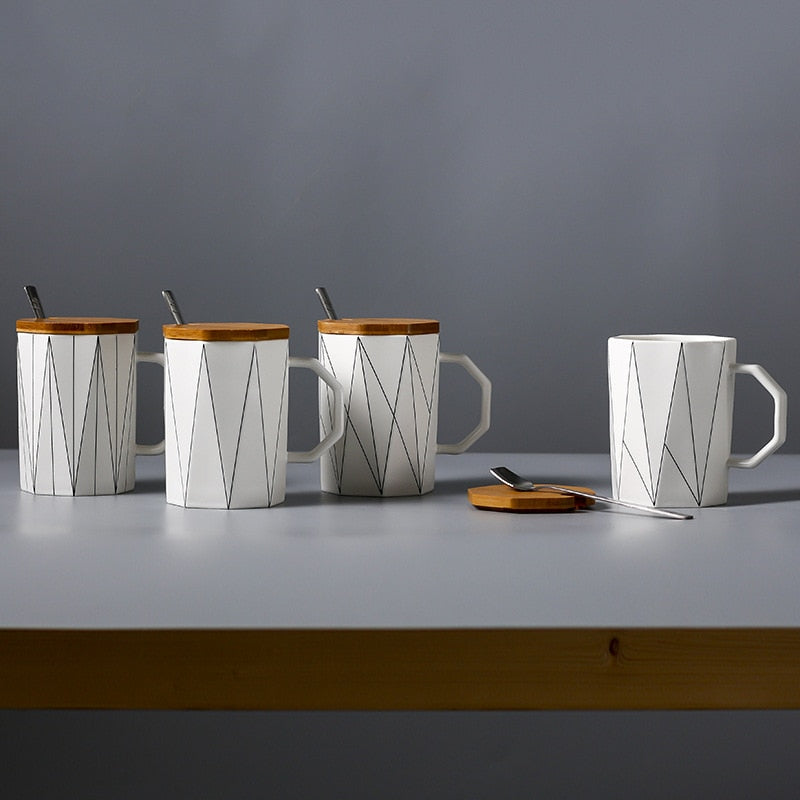 Matte Geometric Mugs With Bamboo Lid