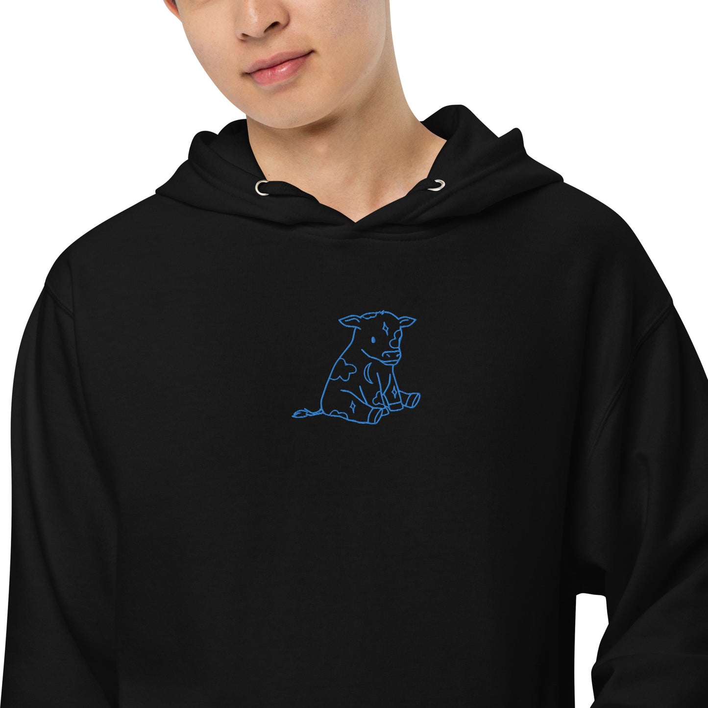 Blue Astrology Cow Embroidered Hooded Sweatshirt